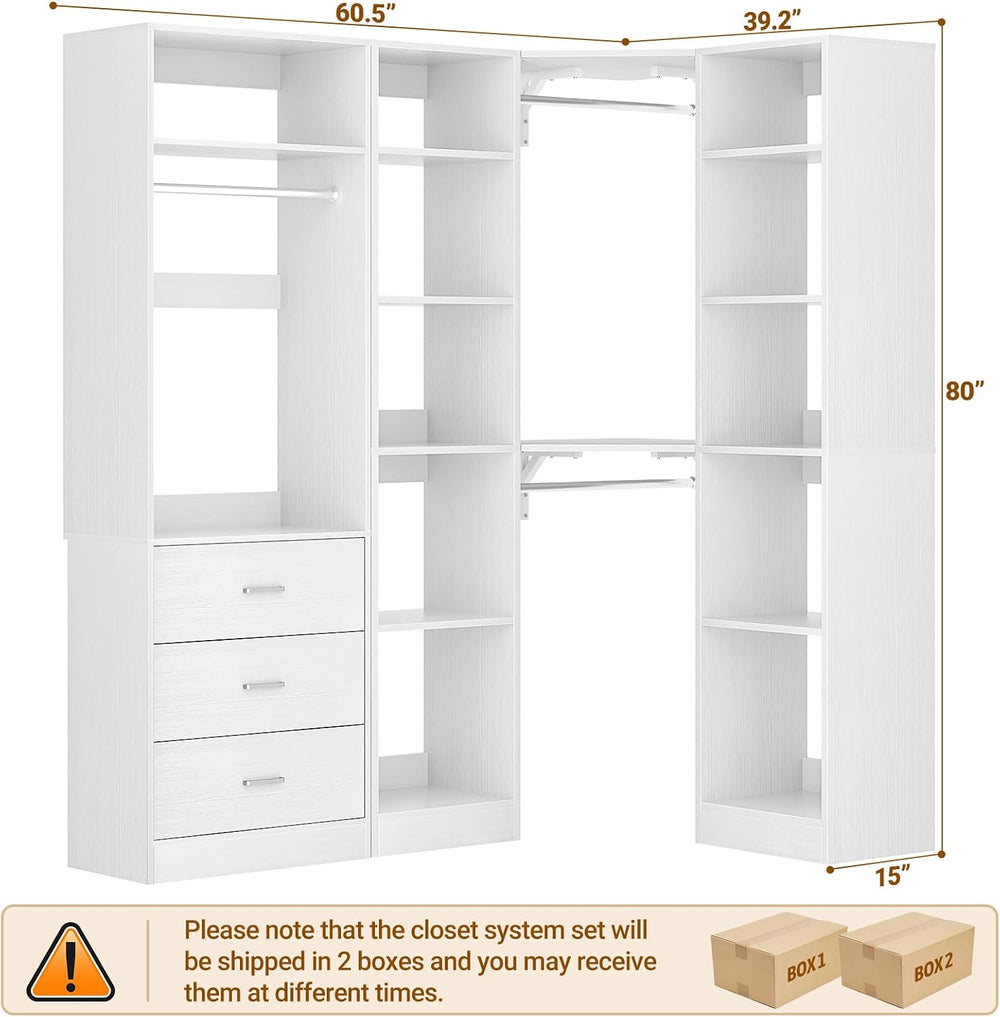 Besiost Corner Closet System with 3 Drawers, Corner Closet Organizer System