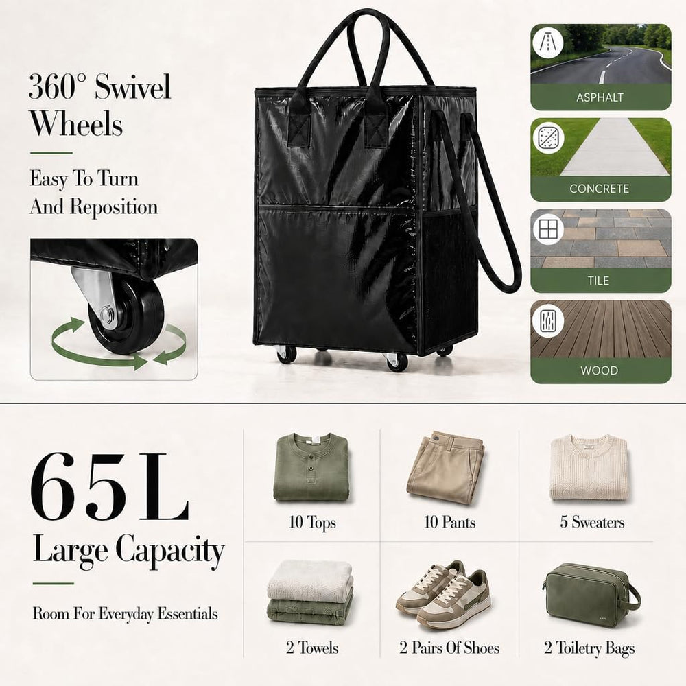 Rolling Grocery Bag on 4 Wheels,18 Gallon Foldable Tote Bag with 4 Handles