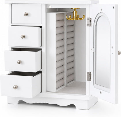 ZGZD Jewelry Box Organizer for Women, Large-Capacity Jewelry Storage Cabinet with 4 Drawers, 360° Rotating Necklace Holder, Built-In Interior Mirror and Dual Clear Viewing Windows, White