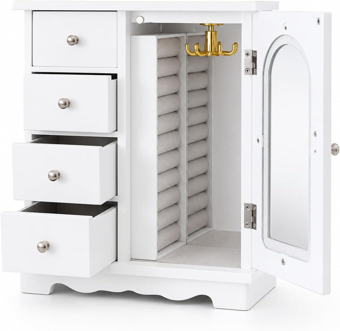 ZGZD Jewelry Box Organizer for Women, Large-Capacity Jewelry Storage Cabinet with 4 Drawers, 360° Rotating Necklace Holder, Built-In Interior Mirror and Dual Clear Viewing Windows, White