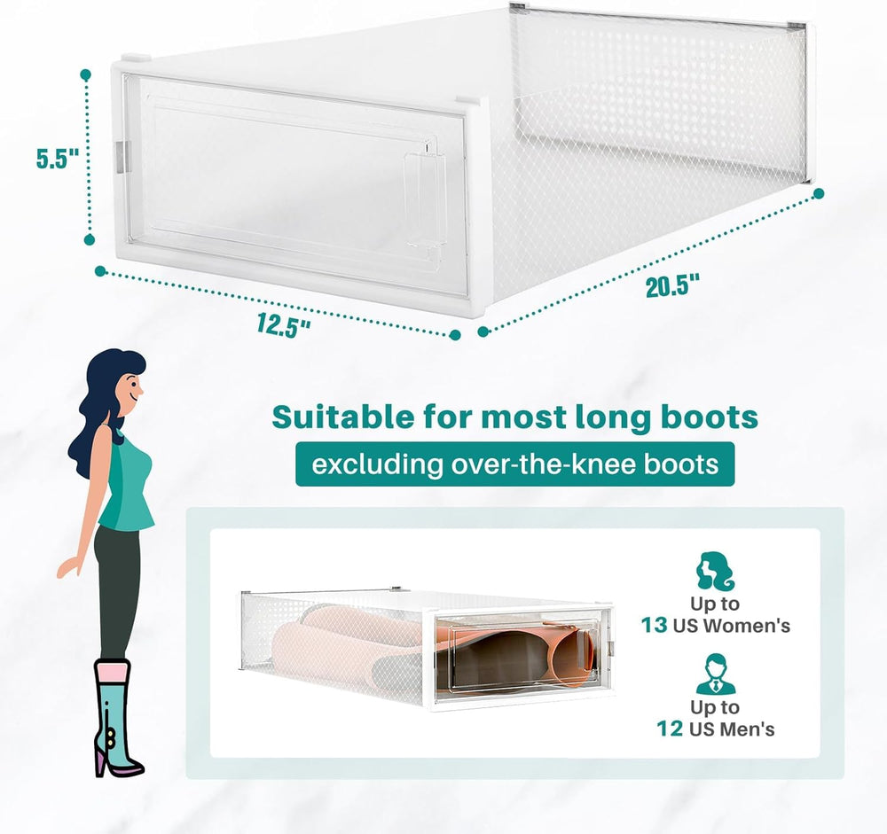 4-Piece Boot and Shoe Storage Box, Stackable Clear Plastic Shoe Box, Space-Sa...