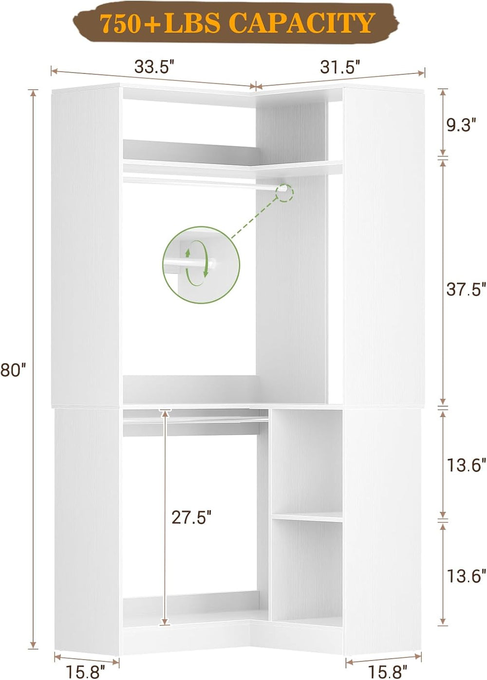 Aheaplus Corner Closet System with Shelves, L Shaped Walk-in Closets, White