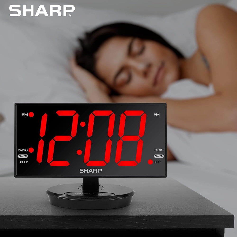 Sharp AccuSet Digital Alarm Clock, 8.9" Tilt/Swivel, FM Radio, Dual USB