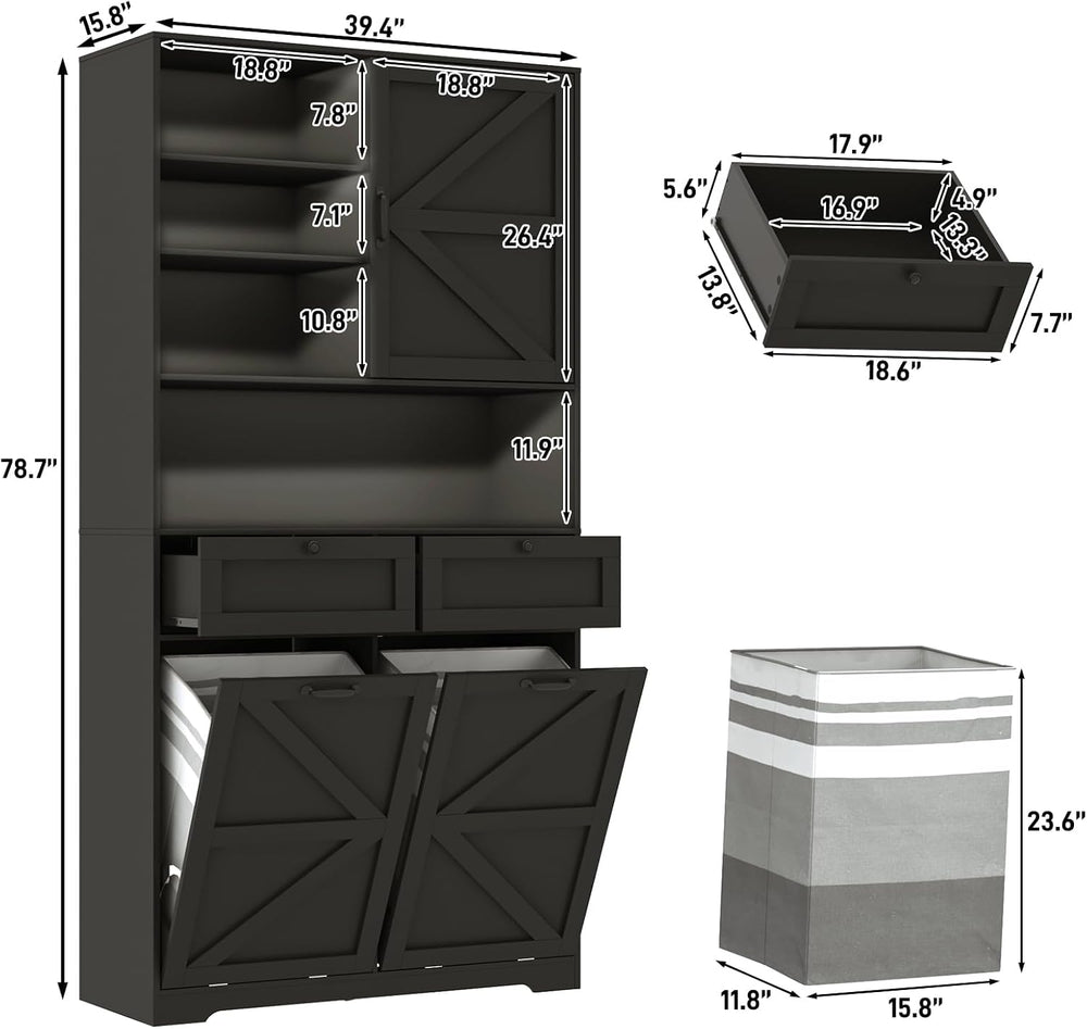 78" Tall Tilt-Out Double Doors Laundry Cabinet Hamper w Hidden Laundry H...