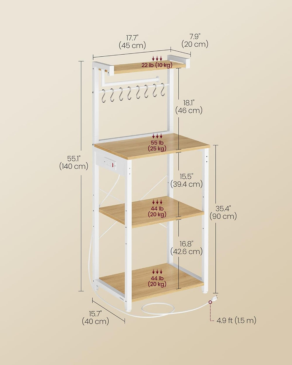 VASAGLE 4-Tier Kitchen Bakers Rack with Power Outlet, 17.7-Inch Wide