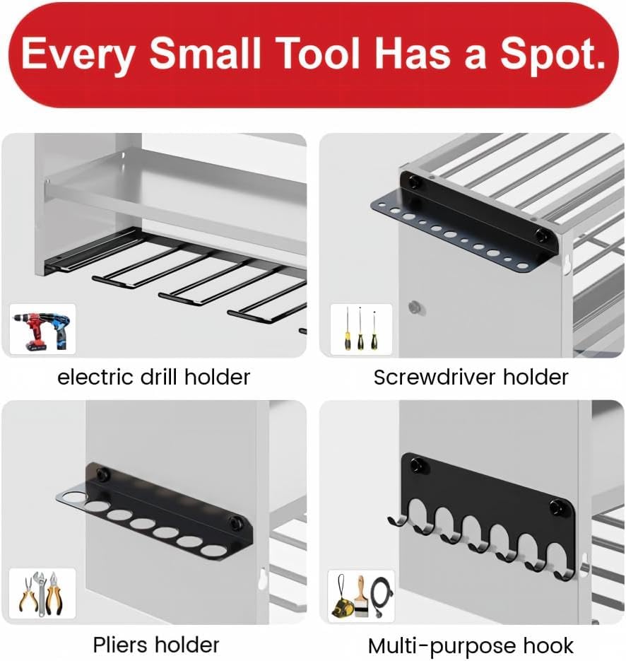 53" Power Tool Organizer Wall Mount with Power Strip, 4 Layers