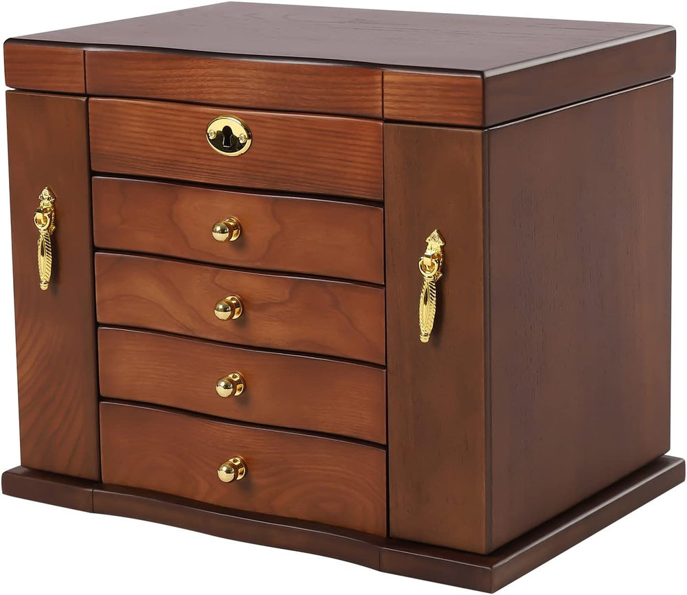 Large Wooden Jewelry Box with Mirror and Lock, 5 Layers Locking Jewelry Organ...