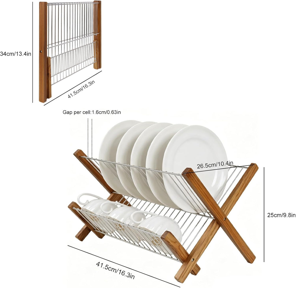 HTB Dish Drying Rack 2 Tier,Stainless Steel & Teak Wood Dish Drying Rack