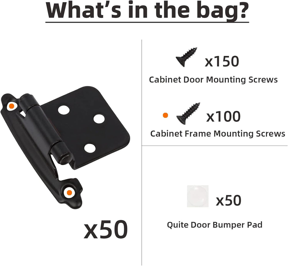 Decobasics 1/2" Overlay Matte Black Cabinet Hinges 50 Pack (25 Pair) Sel...