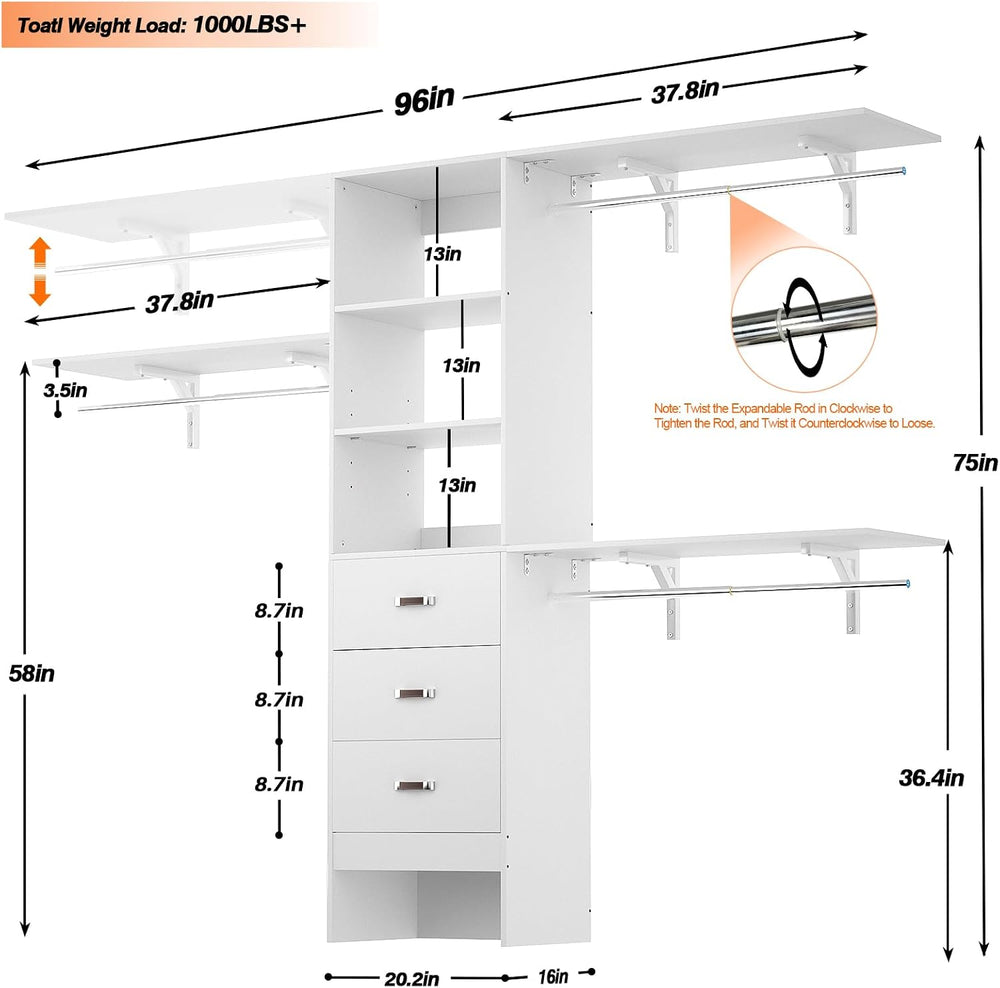 Armocity 96" Wood Closet System with 3 Enclosed Drawers & 3 Solid Sh...