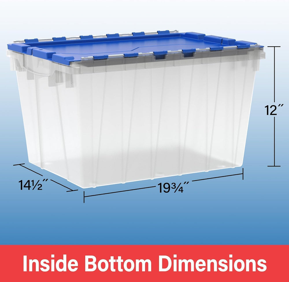 Akro-Mils KeepBox 12 Gal Storage Box, Lid Attached, Stackable, Clear/Blue