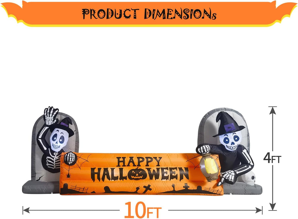 10FT Large Halloween Inflatable Decorations Skeleton Tombstone Banner, Build-...