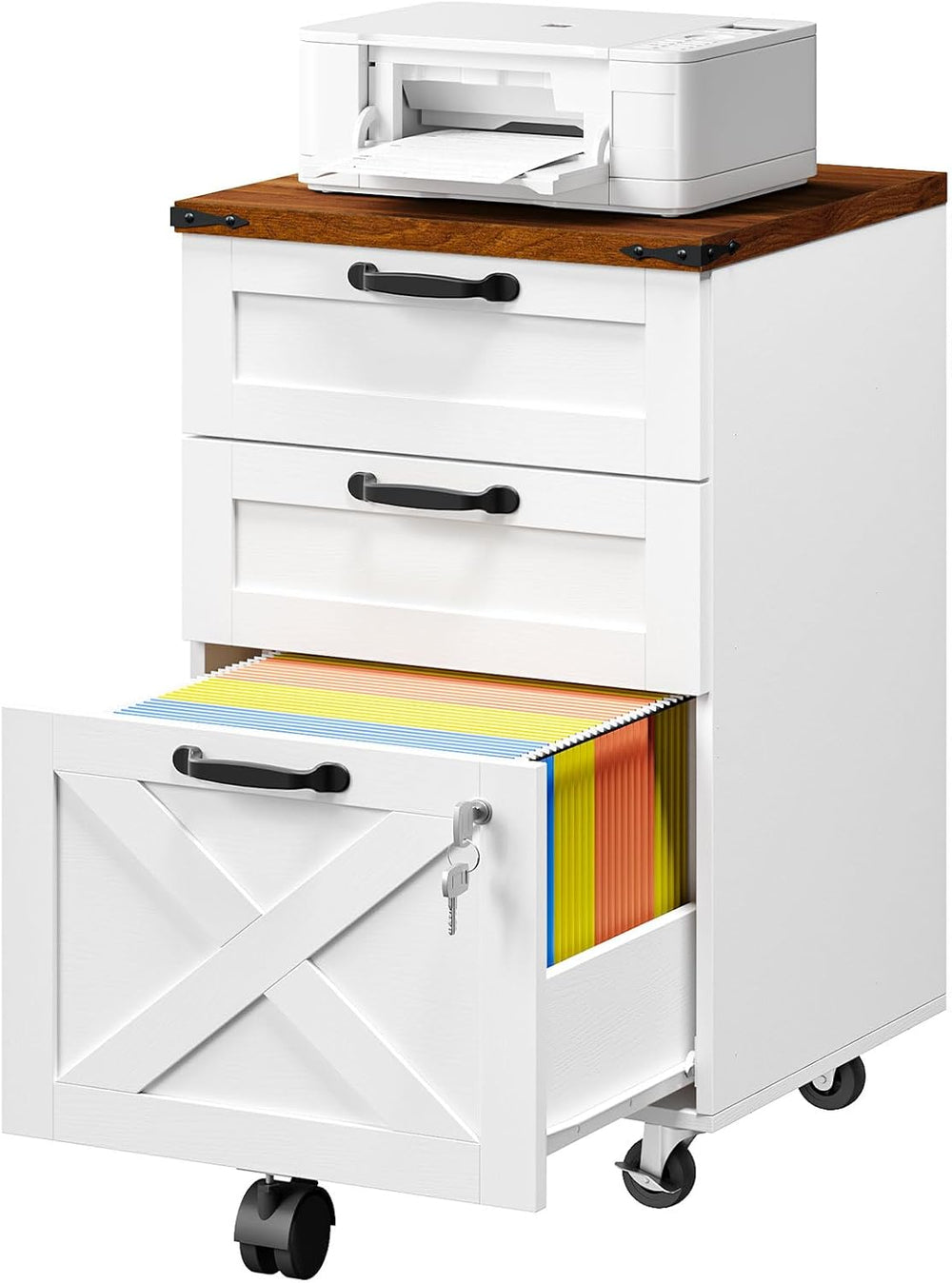 HOOBRO 3 Drawer File Cabinet with Lock, Mobile Farmhouse Filing Cabinet for A...