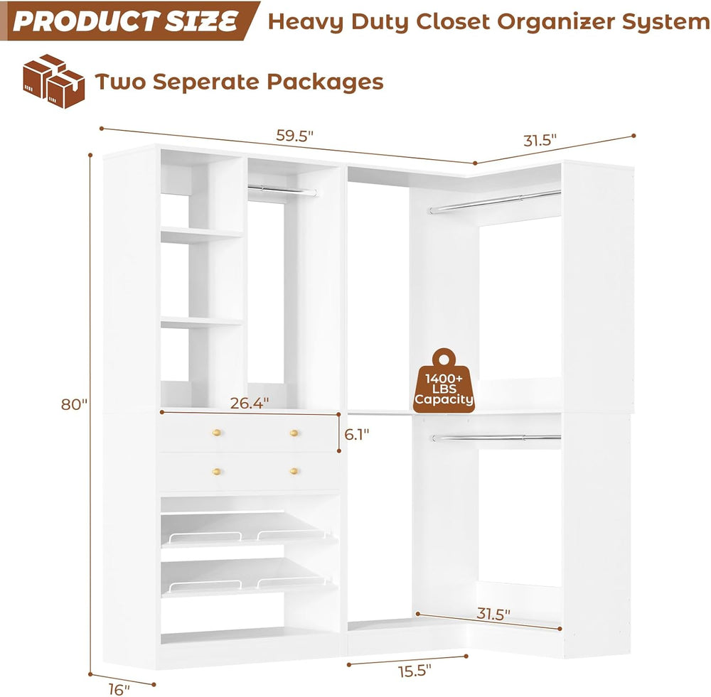 Besiost Corner Closet System with 2 Drawers, 3 Hanging Rods, 59.5" * 31....