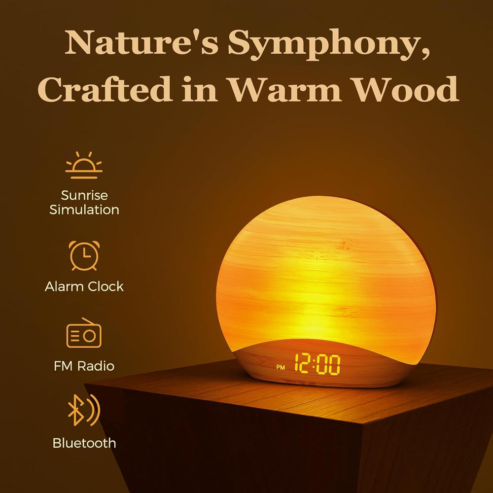 REACHER Wood Grain Sunrise Alarm Clock, Bluetooth Speaker, FM Radio & Light