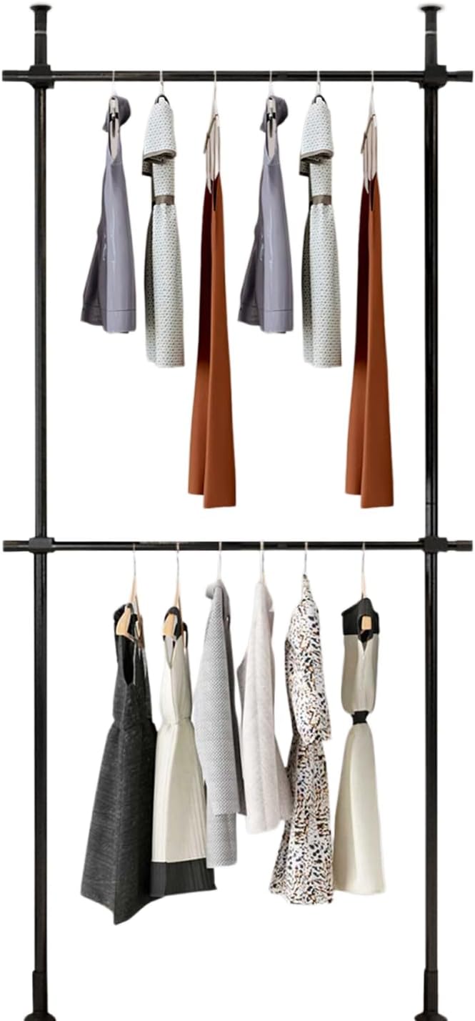 Heavy-Duty Floor to Ceiling Drying Rack, 2-Tier Double Rod Clothing Organizer...
