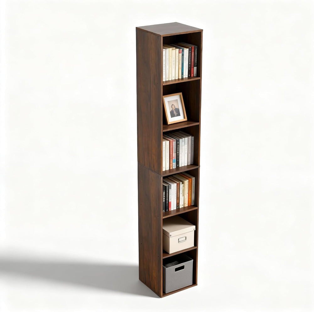 6 Cube Storage Organizer, Narrow Open Shelf Bookcase, Freestanding 6 Tier Low...