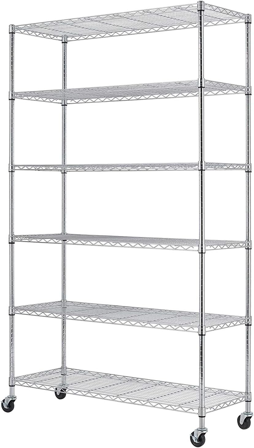BestOffice | 6-Tier Wire Storage Shelves with Wheels | 18x45x82 | Chrome | Ad...
