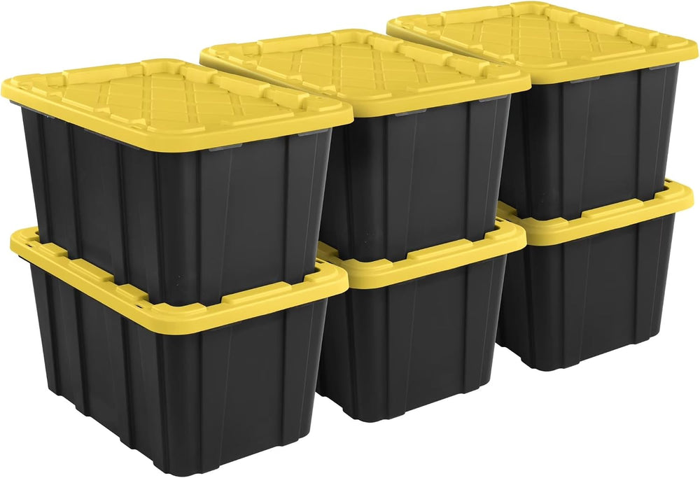 27 Gallon Durable Plastic Storage Tote with Snap-On Lid, Black and Yellow, He...