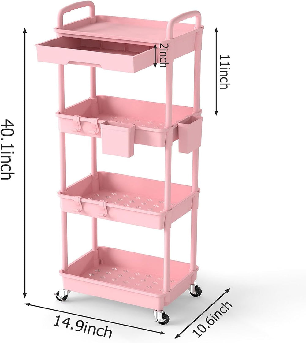 4 Tier Rolling Storage Cart with Drawer, Utility Carts with Wheels