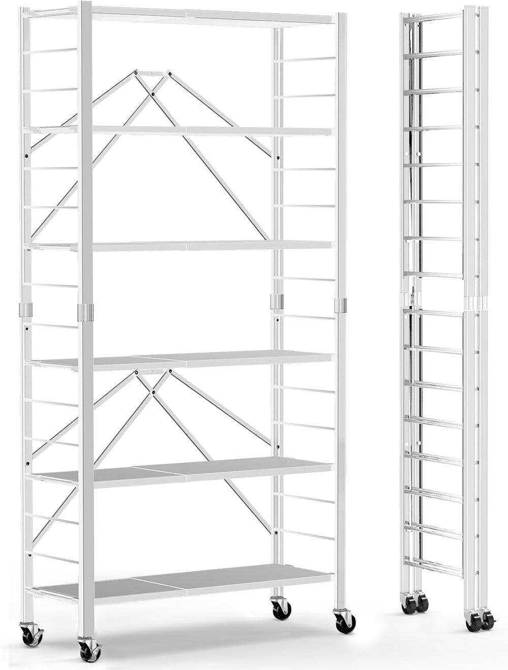 Himix 6-Tier Foldable Storage Shelves Expandable Shelf Wheels White 2-in-1