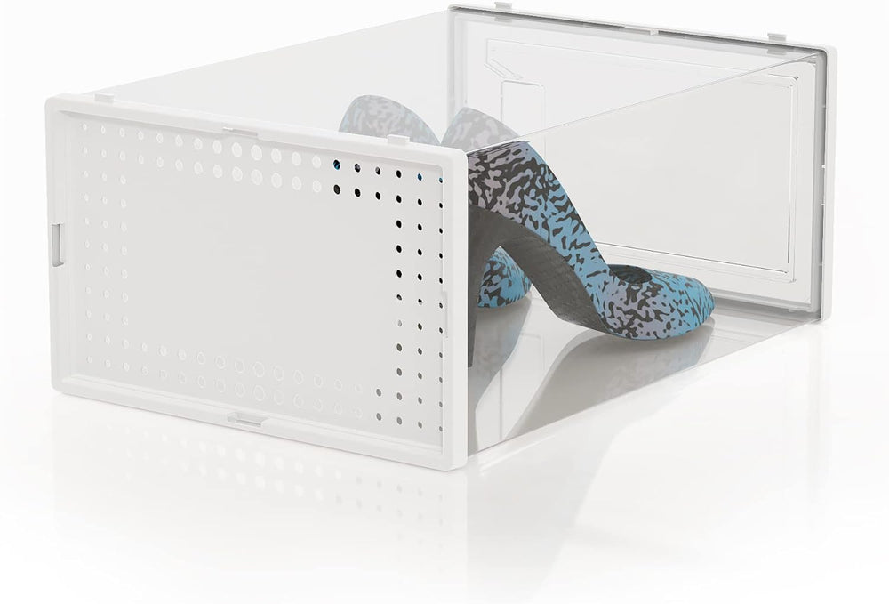 12 Pack Large Stackable Clear Plastic Shoe Storage Boxes Organizer, White