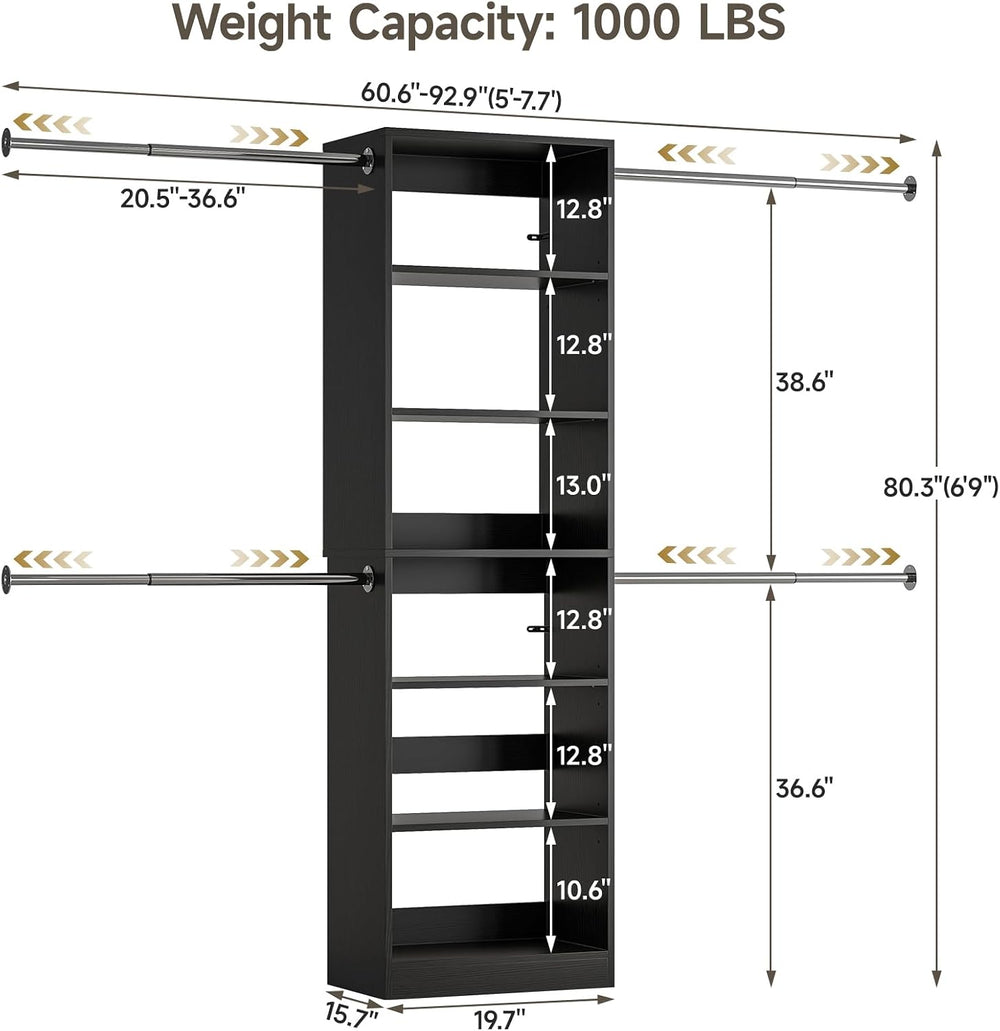 ONBRILL W1 3.5FT-7.7FT Closet System with 4 Chrome-Plated Telescopic Rods