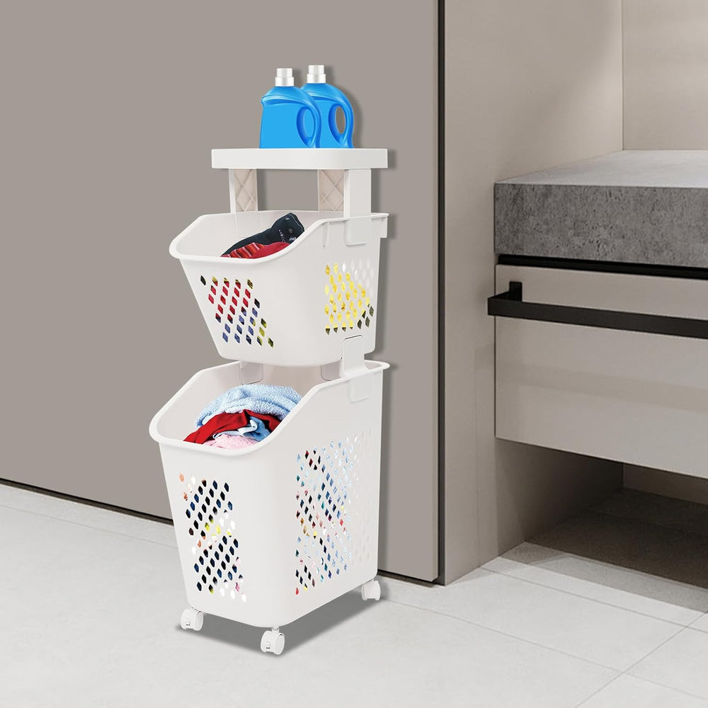 2 Tiers Rolling Laundry Hamper, White Plastic Laundry Basket Holder with Whee...