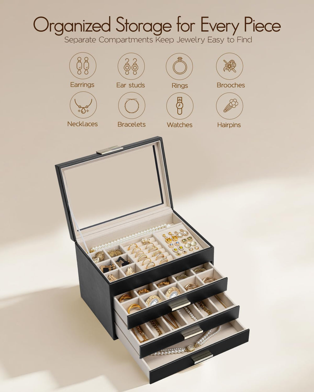VLANDO Jewelry Box Organizer, 4-Layer Storage with Glass Window