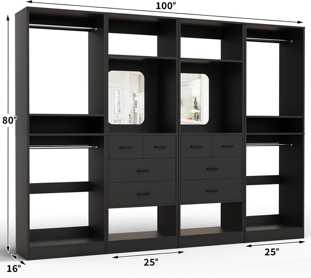 Unikito 100” Closet System with Drawers, 8.3FT Wood Closet Organizer with Han...