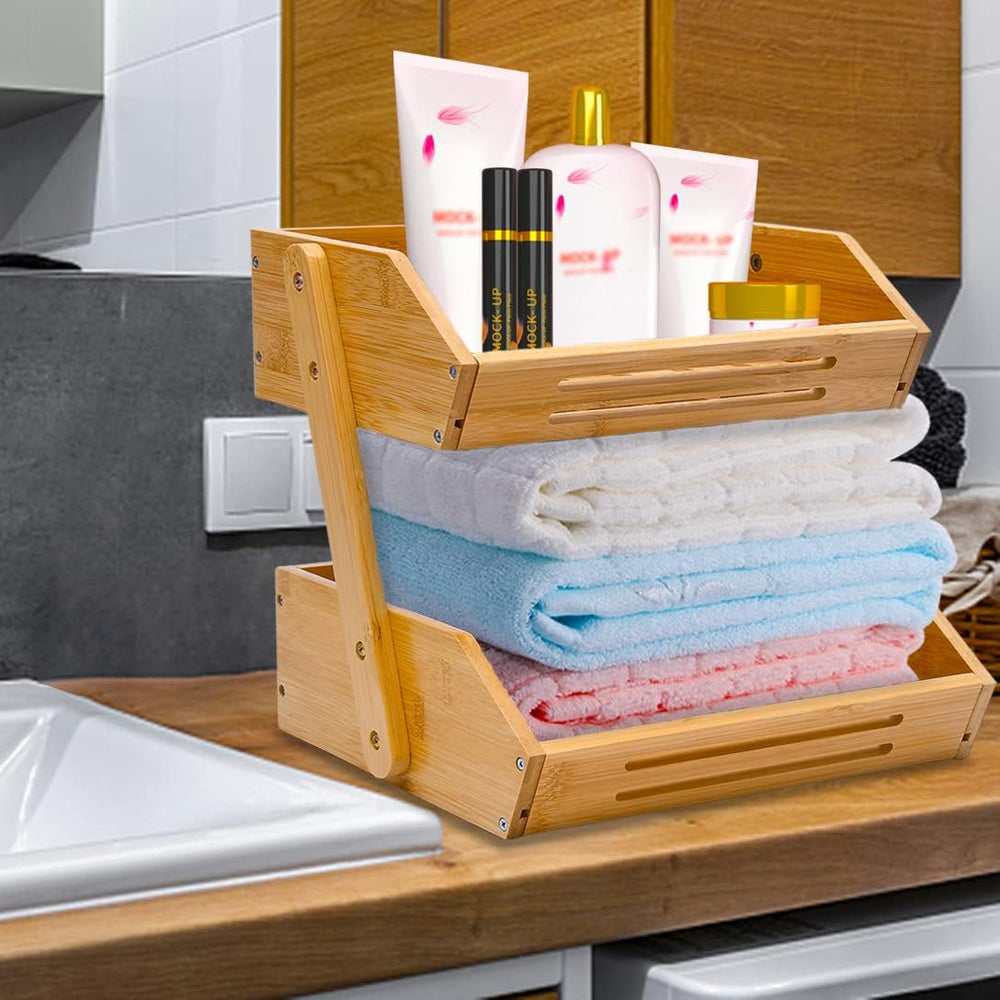 2-Tier Bamboo Fruit Basket - 11" Tall Kitchen Countertop Stand