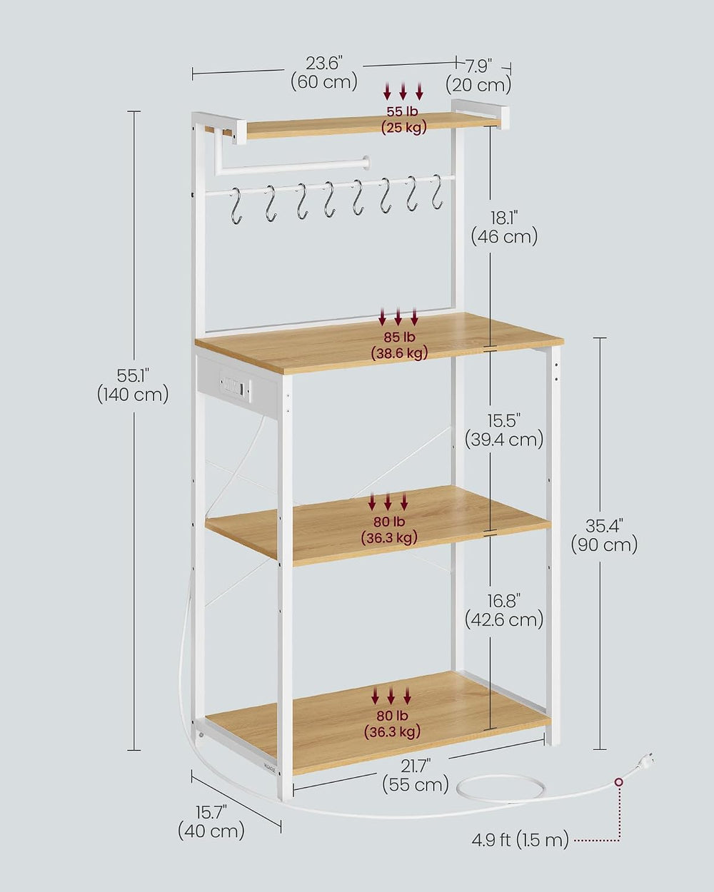 VASAGLE 4-Tier Kitchen Bakers Rack with Power Outlet, 23.6-Inch Wide