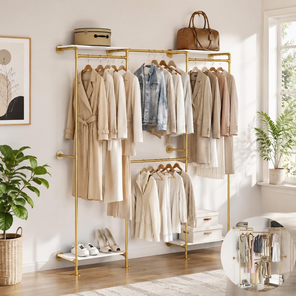 KaKaBB Industrial Pipe Clothing Rack with Shelves, Wall Mounted Gold Corner C...