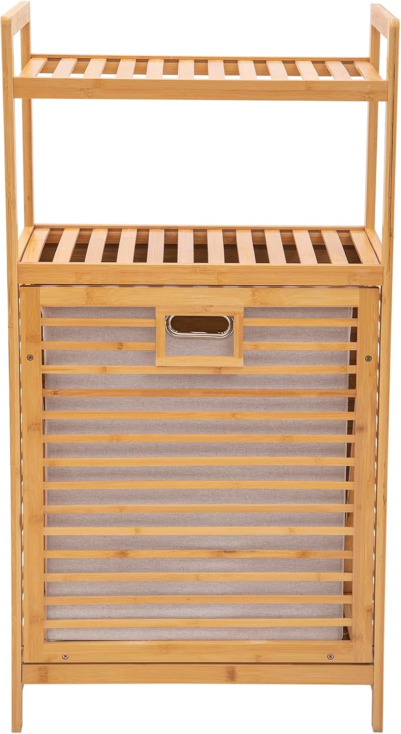 3-Tier Bamboo Tilt Out Laundry Basket,Floor Standing Laundry Hamper with Remo...
