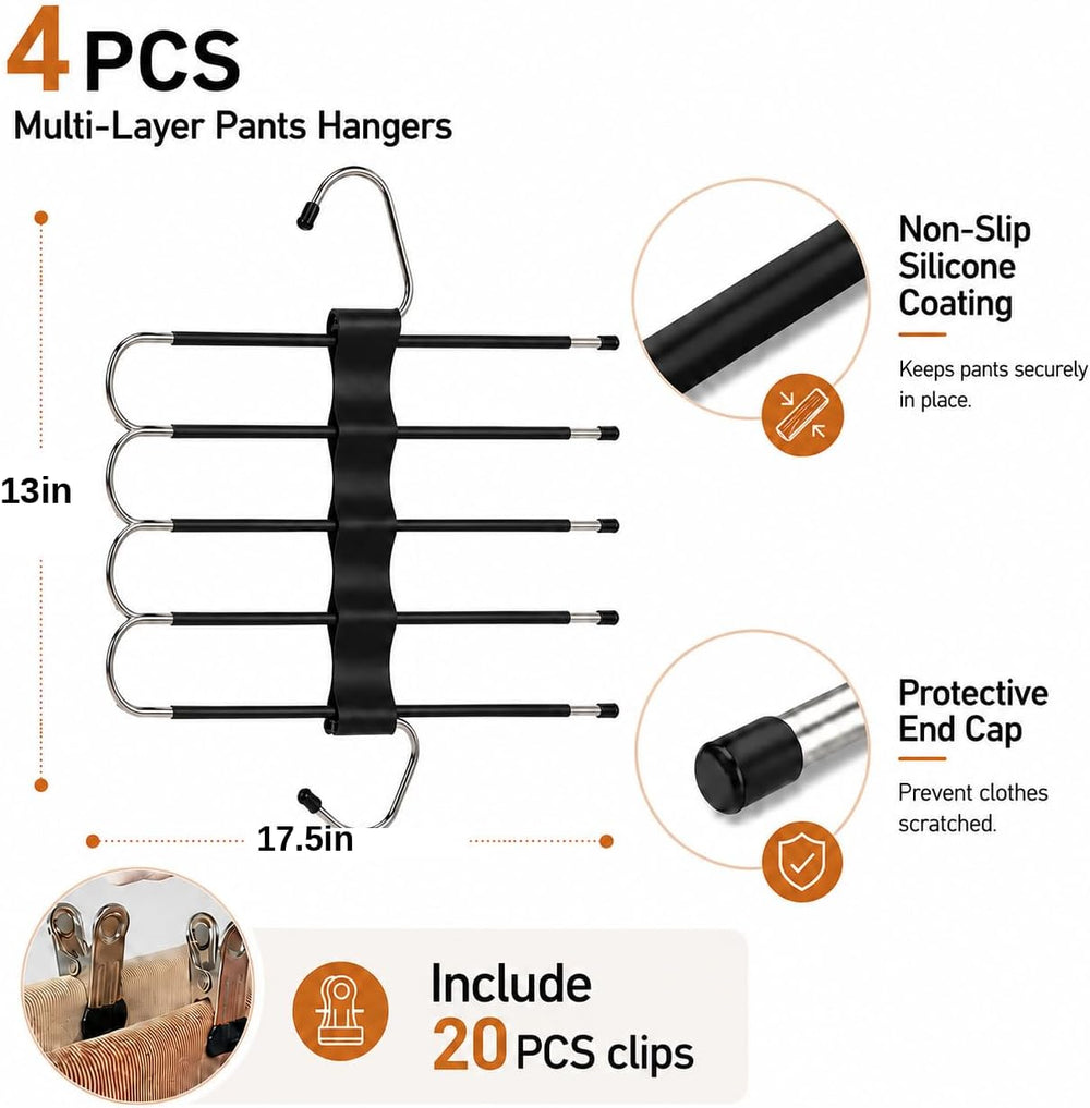 Space-Saving Pants Hangers, 5-Tier, 20 Clips, 4 Pack