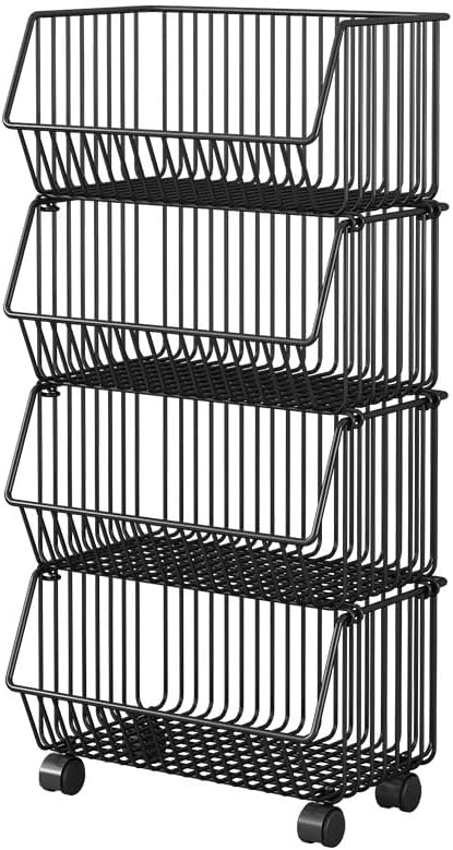 4 Tier Stackable Metal Wire Storage Baskets with Wheels, Fruit Vegetable Stor...