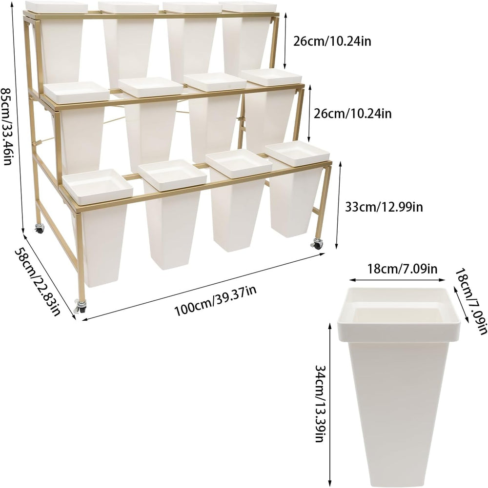 DYRABREST 3 Tier Flower Display Stand Metal Plant Stand with 12pcs Buckets an...