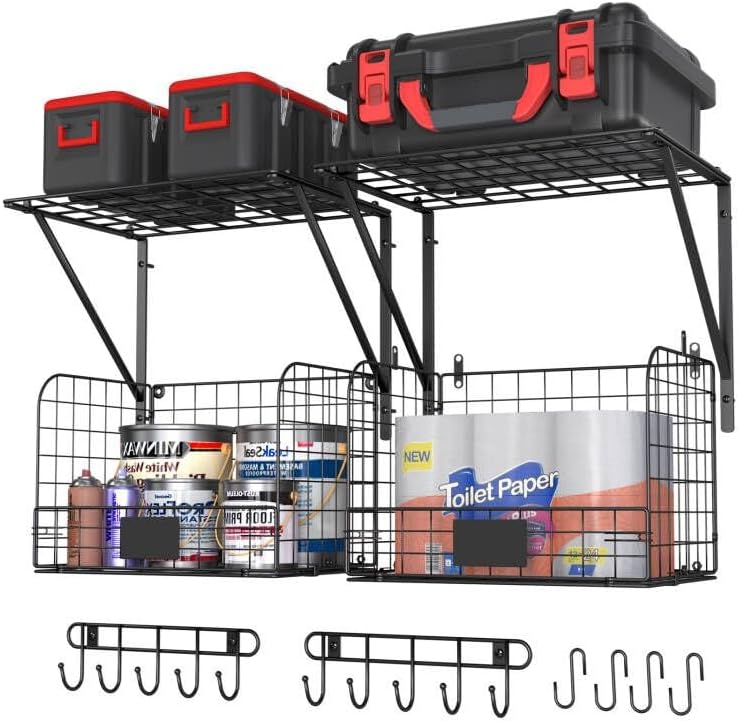ThreeHio 2 Pack Garage Shelves Wall Mounted with Wire Baskets, Heavy Duty Gar...