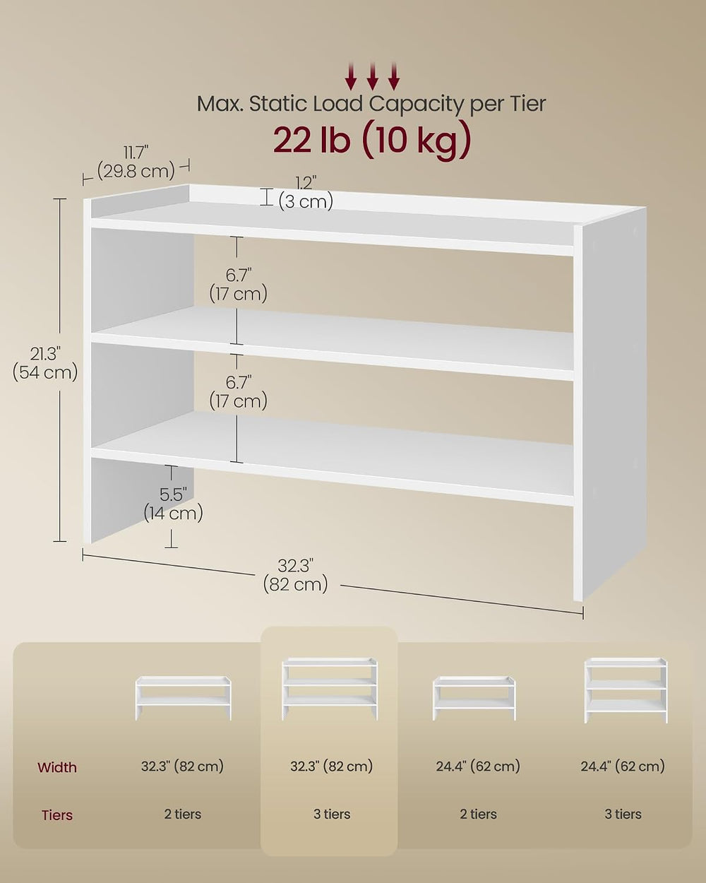 VASAGLE 3-Tier Shoe Rack for Closet, Stackable Shoe Organizer Shelf