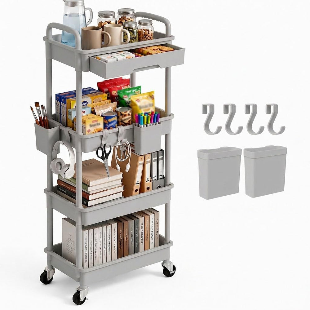 4 Tier Rolling Utility Cart with Drawer, Plastic Storage Organizer Rolling Ca...