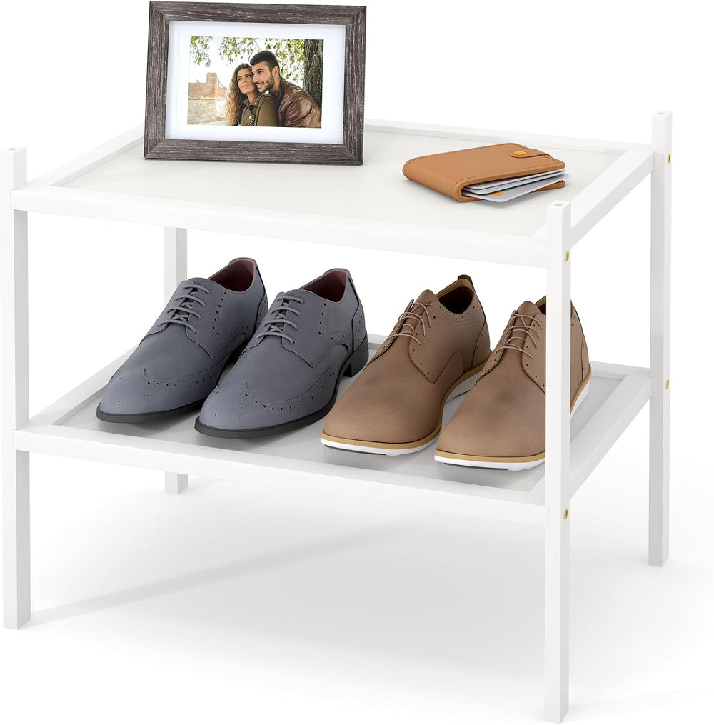 Smiry Bamboo Small Shoe Rack, 2 Tier Shoe Organizer for Closet, White