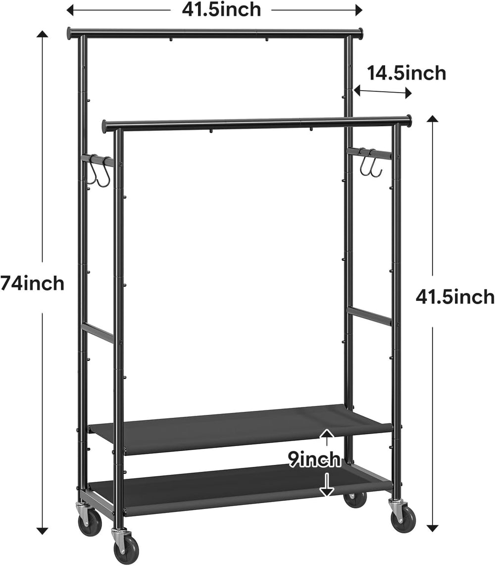 Ekisemio Double Rods Clothes Rack for Hanging Clothes, Rolling Clothing Rack ...