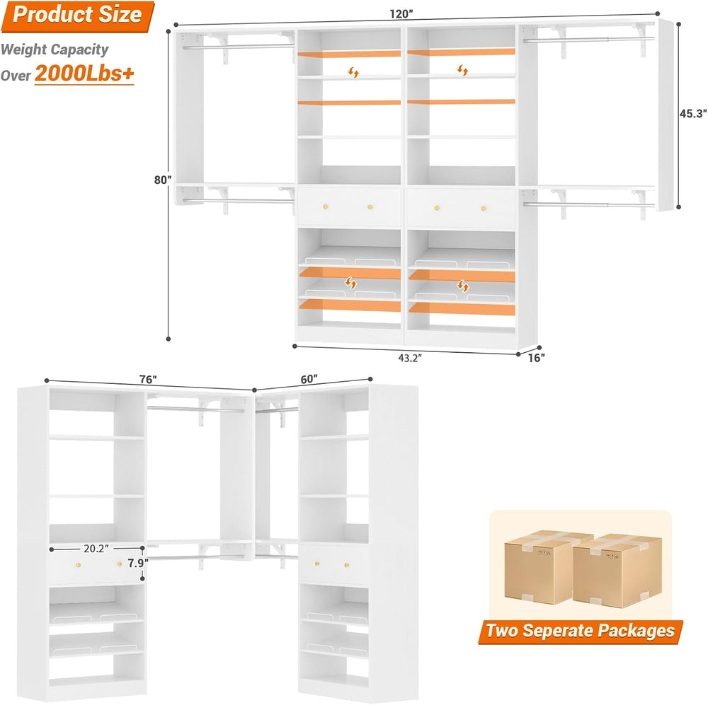 [10 FT Closet System] 120 Inch Reversible Set of 2 Wood Closet Organizer Syst...
