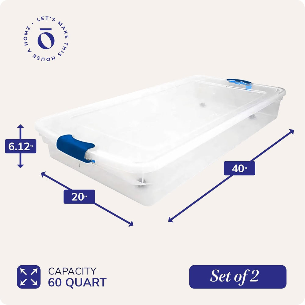 HOMZ Under Bed Clear Plastic Storage Bin w/Lid, 60 Qt, Blue Latch, 2 Pack