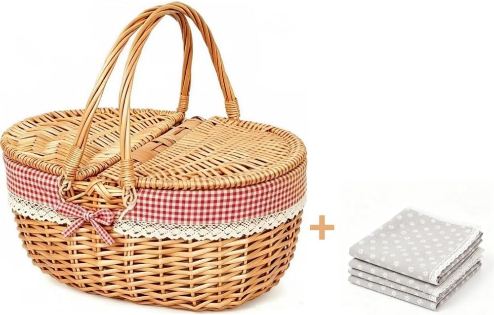 OYPEIP Empty Undyed Hand Woven Wicker Picnic Basket with Lid & Handle for...