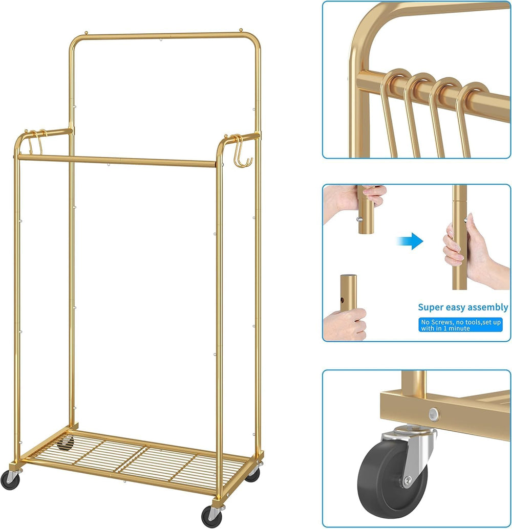 Simple Trending Clothes Garment Rack, Double Rods Clothing Rack, Gold