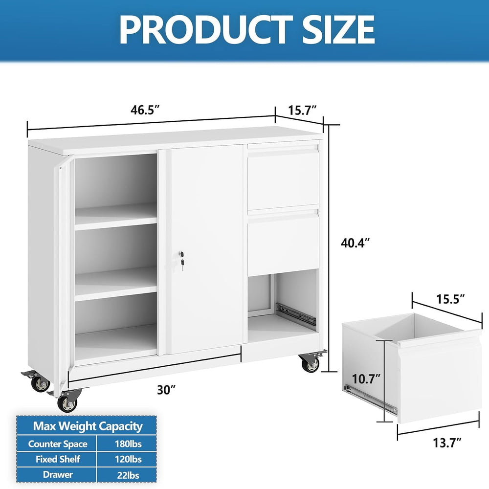 3 Drawer Lockable Lateral Mobile Steel File Cabinet with Wheels, White