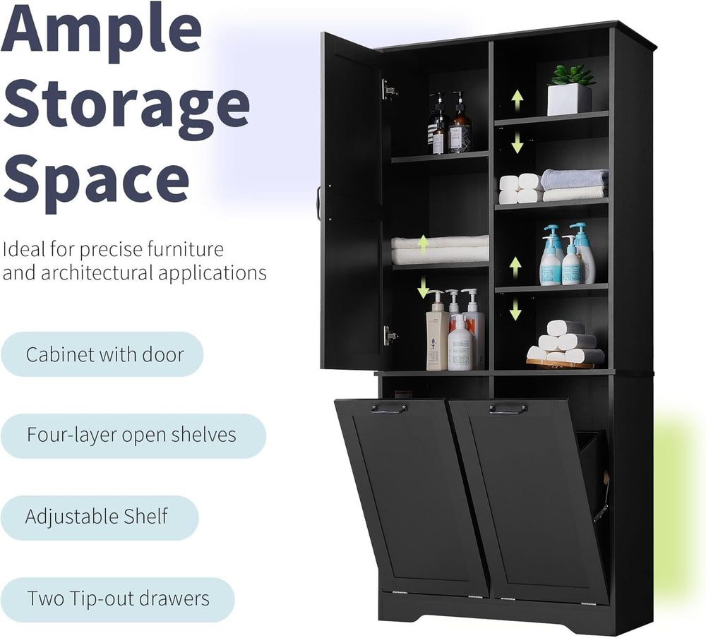 Virubi Tall Laundry Cabinet with 2 Tilt Out Laundry Hamper, Wood Bathroom Sto...