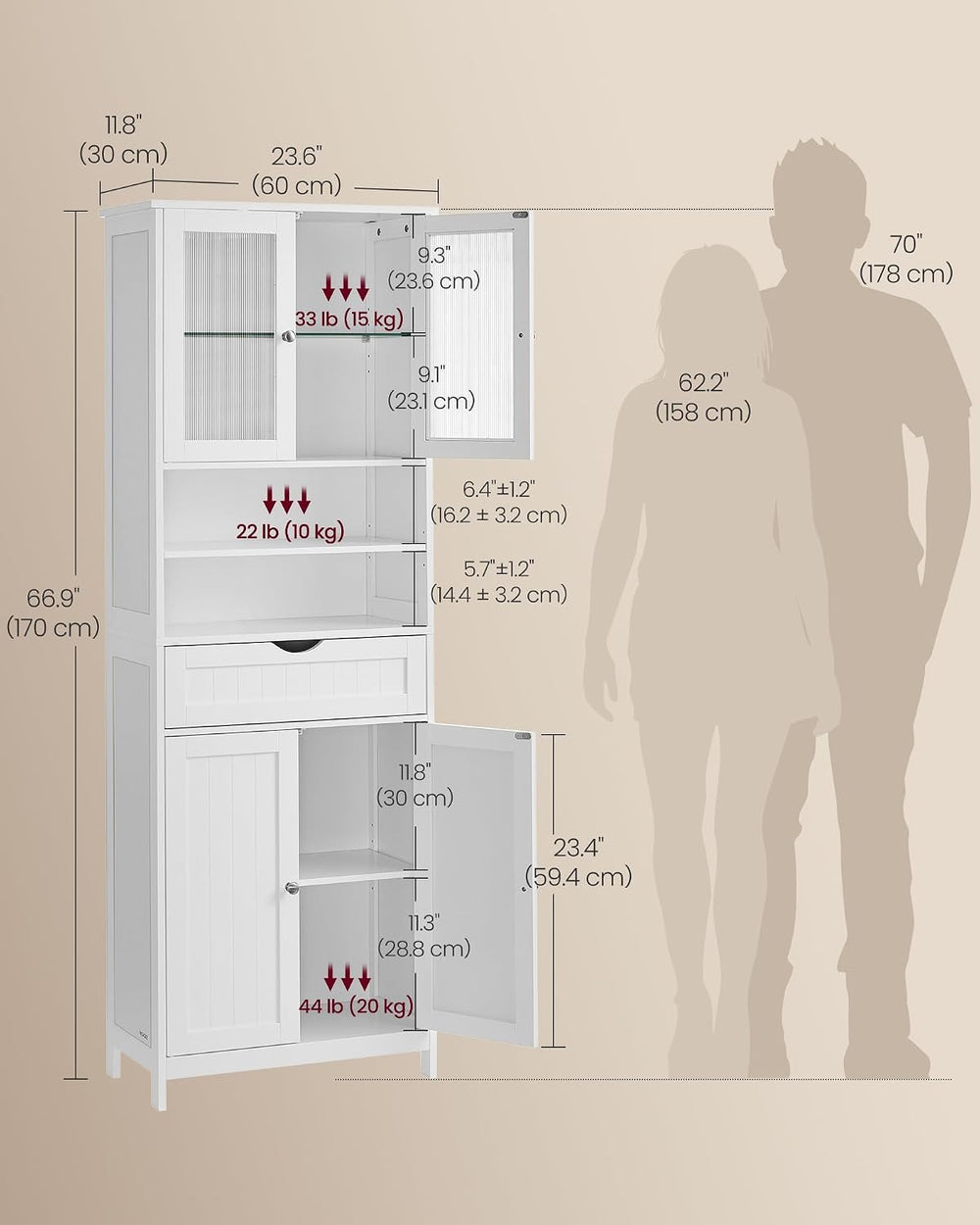 VASAGLE Storage Cabinet with LED Lights, Freestanding, Open Compartments