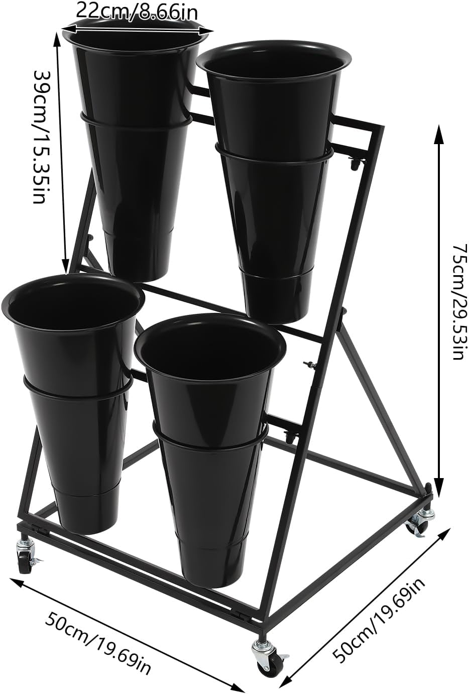 Flower Display Stand with 4PCS Round Buckets 2 Tiers Metal Mobile Florist Bou...